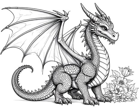 Detailed black and white drawing of a cute dragon