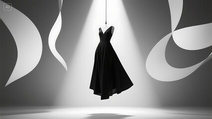 An elegant black dress is displayed under a spotlight, surrounded by flowing white ribbons, creating a scene of high fashion and glamour