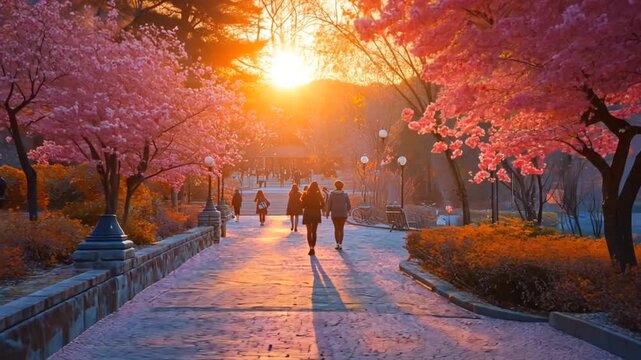 Sunlit park pathway cherry blossoms and people walking towards a distant gazebo