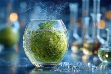 Close-up of a bubbling green lime drink with mint, science lab backdrop.