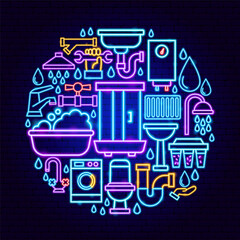 Plumbing Neon Icons Circle Concept