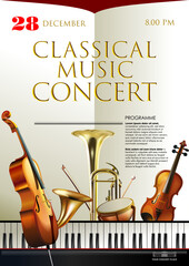 Classical music concert, festival, contest advertising poster template. Photorealistic violin, piano keys, brass wind instruments, trumpet, cello, timpani, violin bow,  drum stick © Dulat
