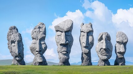 A stunning view of monolithic stone structures representing ancient cultural heritage against a blue sky.