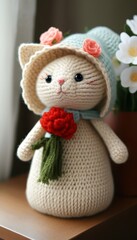 Fototapeta premium Crocheted cat doll wearing a floral hat holding a red flower 