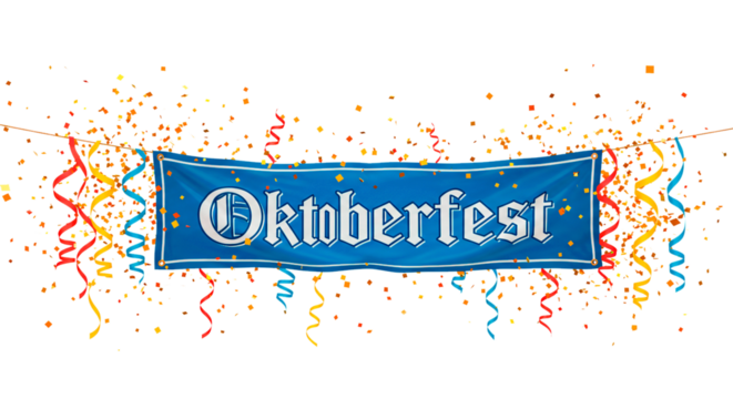 Celebrate oktoberfest banner with colorful confetti and streamers festival decoration design element on transparent background - Powered by Adobe