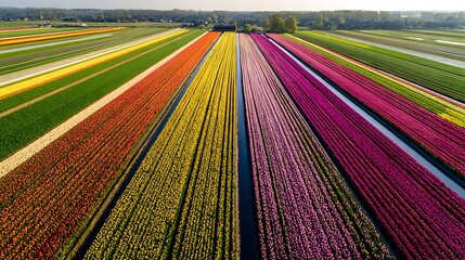 Vibrant rows of blooming tulips stretch across a vast field under the sky