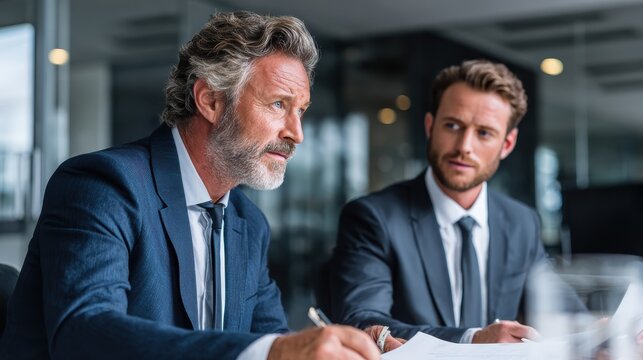 Serious mature caucasian male ceo executive manager with male business partner discussing corporation merge plan at board room table. Professional coworkers leaders doing paperwork in modern office.,