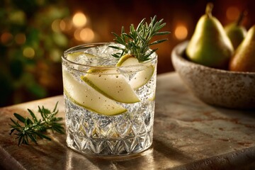 Refreshing pear and rosemary cocktail with ice and elegant textured glass.