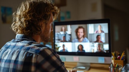 Business man having virtual team meeting on video conference call using computer. Social distance worker working from home office talking to diverse colleagues in remote videoconference online chat.,