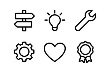 Fototapeta premium Minimalist line icons set with signpost, lightbulb, wrench, gear, heart, and award