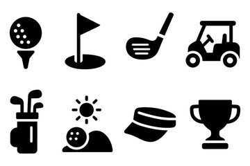 Silhouette golf icons: club, cart, flag, and trophy in black