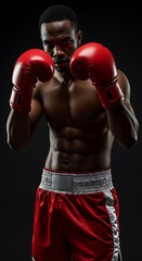 Muscular African American Boxer in Red Boxing Gloves Ready to Fight