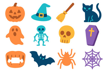 Halloween icons set with witch hat, pumpkins, and spooky figures in flat style