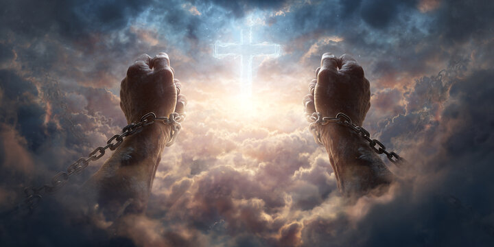 Hands breaking free from chains, reaching towards a divine light in the clouds