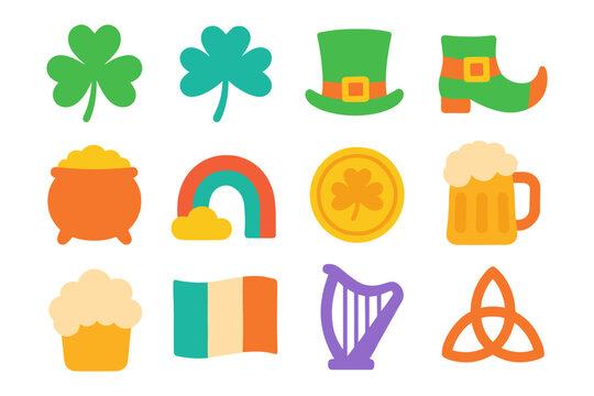 St. patrick's day icons collection featuring shamrock, leprechaun hat, gold coin, and beer mug in vibrant colors