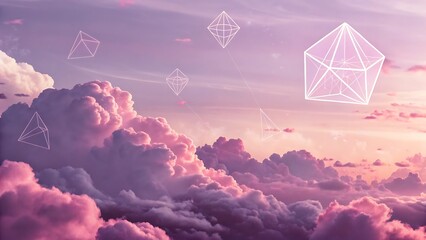 Pink Clouds with Geometric Shapes: Abstract, Dreamy Sky with Futuristic Elements for Creative Visuals and Backgrounds.
