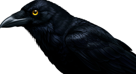 Close up of a raven bird with bright yellow eyes looking to the left in a studio shot image on transparent background