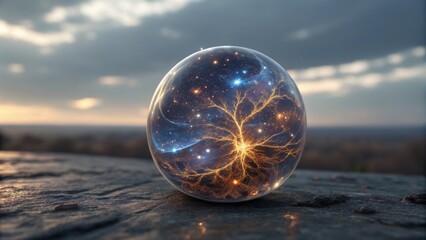 Captivating crystal orb showcases vibrant cosmic energy and neural network patterns against a dramatic sky