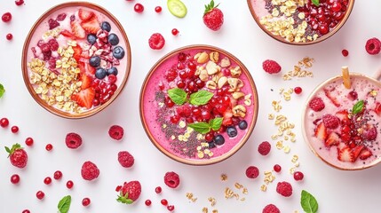 Colorful and Healthy Smoothie Bowls With Fresh Fruits and Toppings