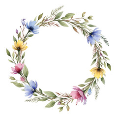 Obraz premium Watercolor floral circle frame with blue yellow pink flowers isolated on a transparent background png, cut out, clipping path, social media, Advertisement, high quality, HD photo, close up., web.