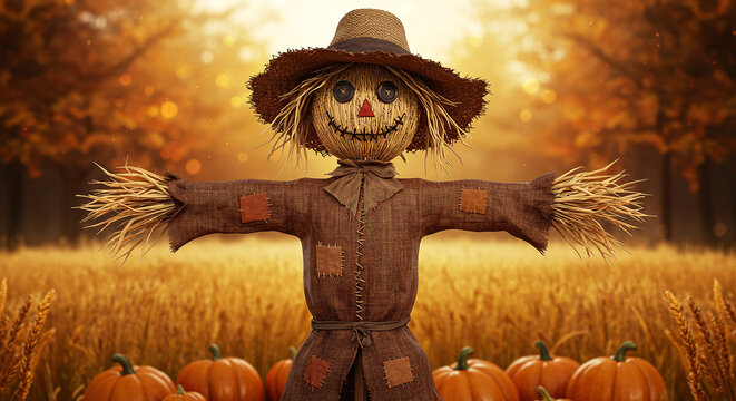 Fall harvest scarecrow with pumpkins and autumn leaves background for halloween season decor ideas - Powered by Adobe