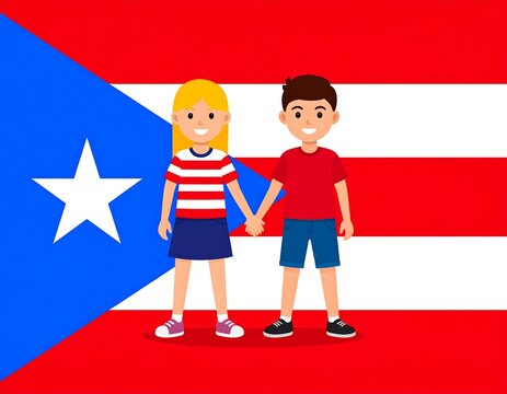 Children holding hands, Puerto Rican flag background - Powered by Adobe