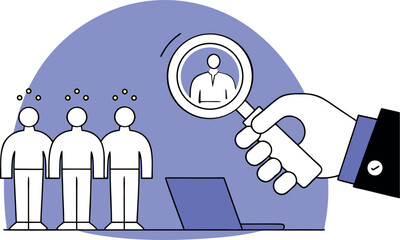 Recruitment process vector illustration showing candidate selection, hiring funnel with resumes and interviews