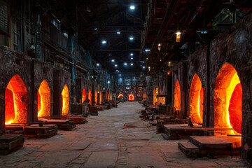 Industrial Furnaces in a Factory Casting Facility with Intense Heat Glow