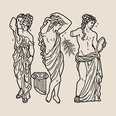 Line art of three classical Greek figures, featuring draped robes, a column, and ancient accessories. Inspired by mythological or neoclassical art.