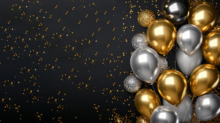golden and silver balloons with confetti on a black background