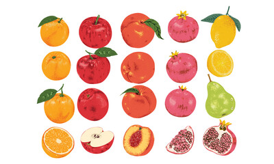 Fruit market artwork. Mix fruit set design. Summer design. Fruit artwork for for t shirt and poster. Peach, Orange,  apple, pomegranate, lemon, pear, passion fruit and raspberry graphic print. 