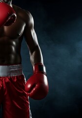 Muscular Boxer with Red Gloves Ready to Fight in the Ring