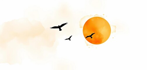 Minimalist watercolor of orange sun & black birds in flight against textured sky,  birds,  pastel