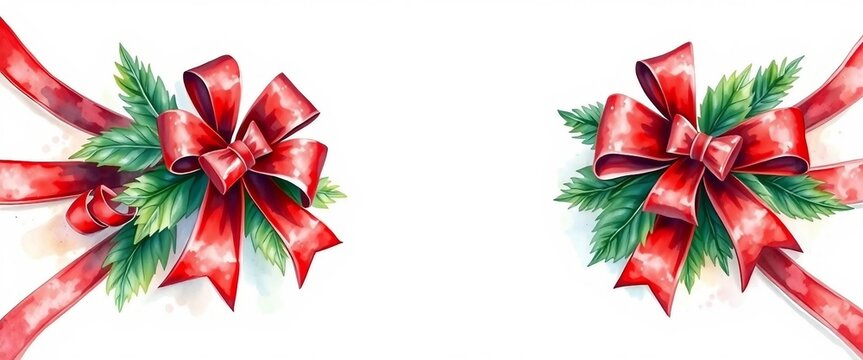 Aquarellbild mit weihnachtlicher Schleife und Tannenzweigen. Viel Platz in der Mitte f&uuml;r Text. Perfekt f&uuml;r Weihnachtskarten oder Deko.