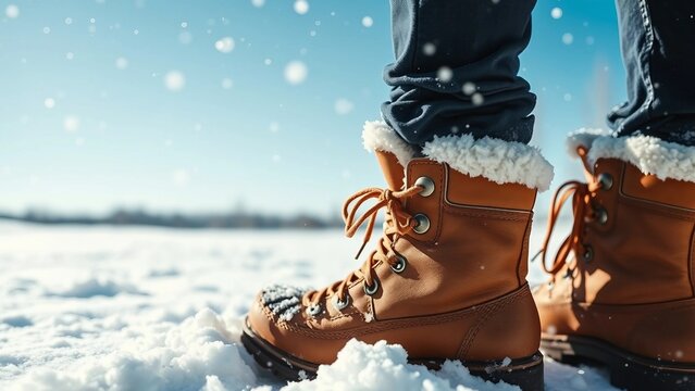 Nahaufnahme von warmen Winterstiefeln im Schnee. Detailreiche Darstellung ideal f&uuml;r Outdoor-, Winter- oder Mode-Themen.
