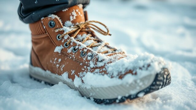 Nahaufnahme von warmen Winterstiefeln im Schnee. Detailreiche Darstellung ideal f&uuml;r Outdoor-, Winter- oder Mode-Themen.