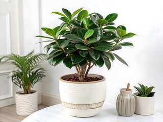 Obraz premium A ficus microcarpa ginseng bonsai plant in a pot adds a touch of greenery to a bright and airy room