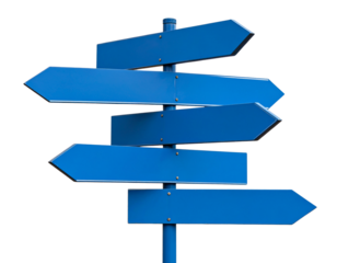 Blank Blue Directional Signpost with Multiple Arrows, Slightly Angled, Isolated on Transparent Background