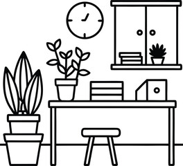 classroom with teachers desk plants and clock