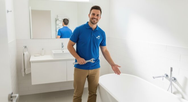 Friendly plumber standing near bathtub in clean residential bathroom