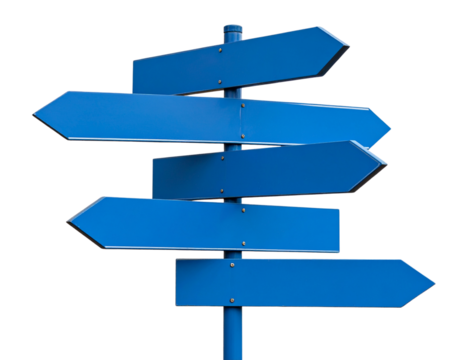 Blank Blue Directional Signpost with Multiple Arrows, Slightly Angled, Isolated on Transparent Background