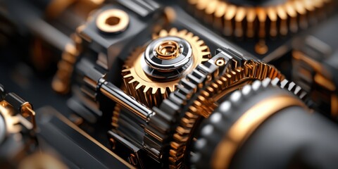 Fototapeta premium Intricate close-up of metallic gears showcasing a blend of gold and silver tones, highlighting mechanical craftsmanship and precision engineering.