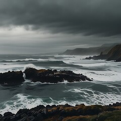Obraz premium The stormy ocean crashes against the rocky coast, creating a dramatic and powerful seascape under a moody sky