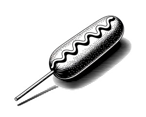 Black and White Corn Dog Illustration on Stick with Mustard Drizzle Classic American Fast Food Imagery