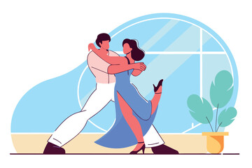 Stylized vector art of man and woman performing argentine tango with leg wraps and sharp poses