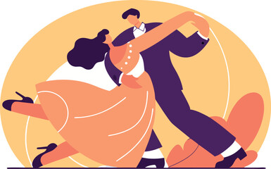 Elegant couple dancing tango in passionate embrace, dramatic vector illustration