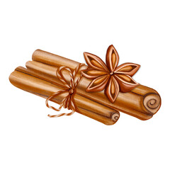 Cinnamon sticks and a star anise, illustrated in warm watercolor style with soft texture and natural tones. Perfect for recipes, packaging, kitchen decor, and seasonal food designs.