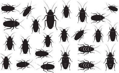 	
Cockroach silhouettes vector set featuring various cockroach's insect poses and angles for pest control designs, entomology studies, and graphic illustrations