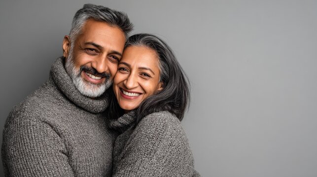 Portrait of happy mid adult couple embracing and looking at camera standing against gray background. Mature indian man in love standing on grey wall while hugging his hispanic woman with copy space.,