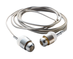 Silver and white wired earphones with a 35mm jack, isolated on transparent background
